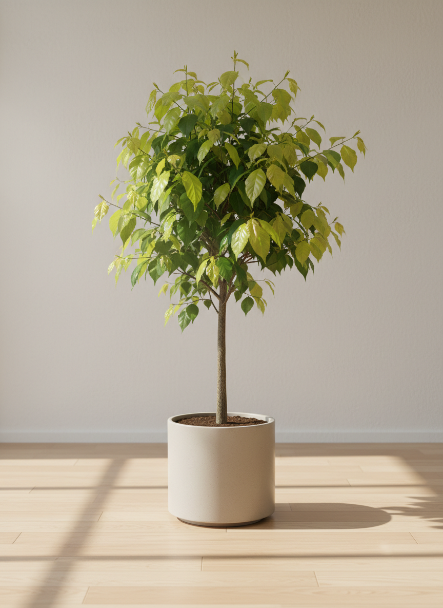 A symbolic representation of personal growth in therapy: a single, sturdy young tree emerging from rich, dark soil within a minimalist indoor planter, placed on a smooth wooden floor in front of a softly textured off-white wall. The tree’s branches hold a mix of small buds and fully opened leaves in fresh shades of green, suggesting ongoing healing and change. Morning light streams in from an unseen window to the left, creating delicate highlights on the leaves and a gentle shadow stretching across the floor. The composition is centered with generous negative space, photographed with sharp detail on the tree and a subtly blurred background, conveying hope, resilience, and a supportive therapeutic environment in a clean, modern style.