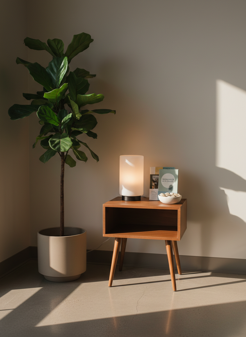 A soothing corner of a psychotherapy clinic waiting area, captured in photographic realism, with a single mid-century style wooden side table against a pale, warm-gray wall. On the table sits a softly glowing frosted-glass lamp, a small stack of thoughtfully arranged mental health brochures in muted colors, and a simple white ceramic bowl filled with smooth, pale stones. Beside the table, a tall leafy plant in a matte beige pot adds organic texture. Late afternoon natural light mixes with the lamp’s warm glow, creating layered, gentle illumination and soft shadows. The camera is positioned at seated eye level, with crisp focus throughout, evoking a calm, non-judgemental, welcoming atmosphere suitable for a professional psychotherapy practice.